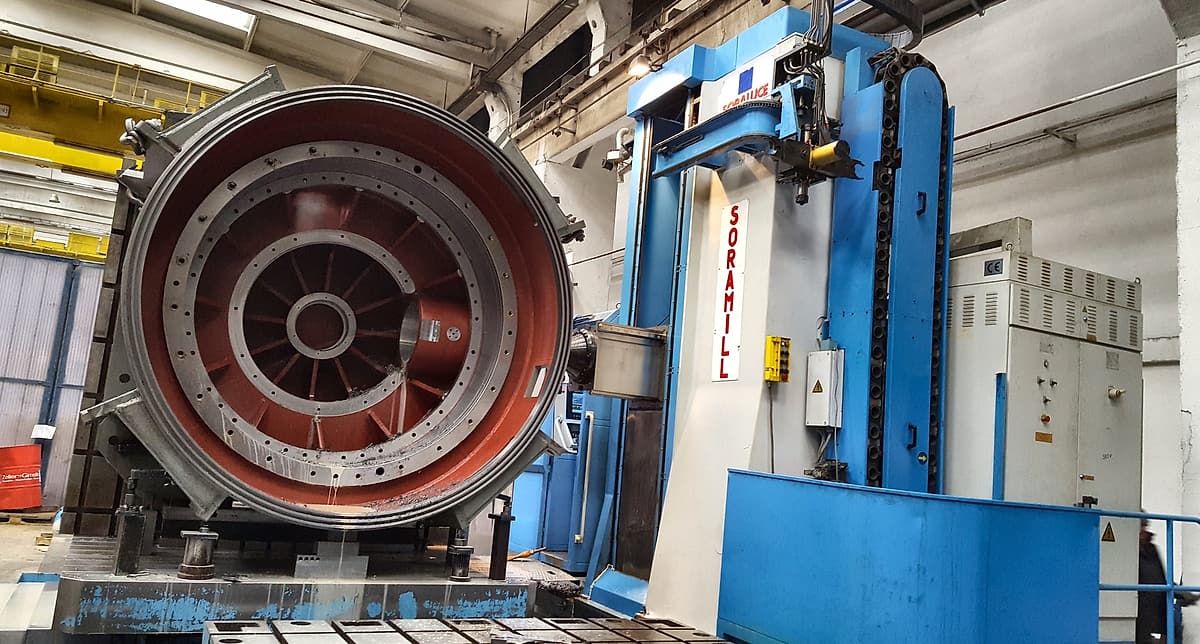 Large drum housing on a CNC boring mill
